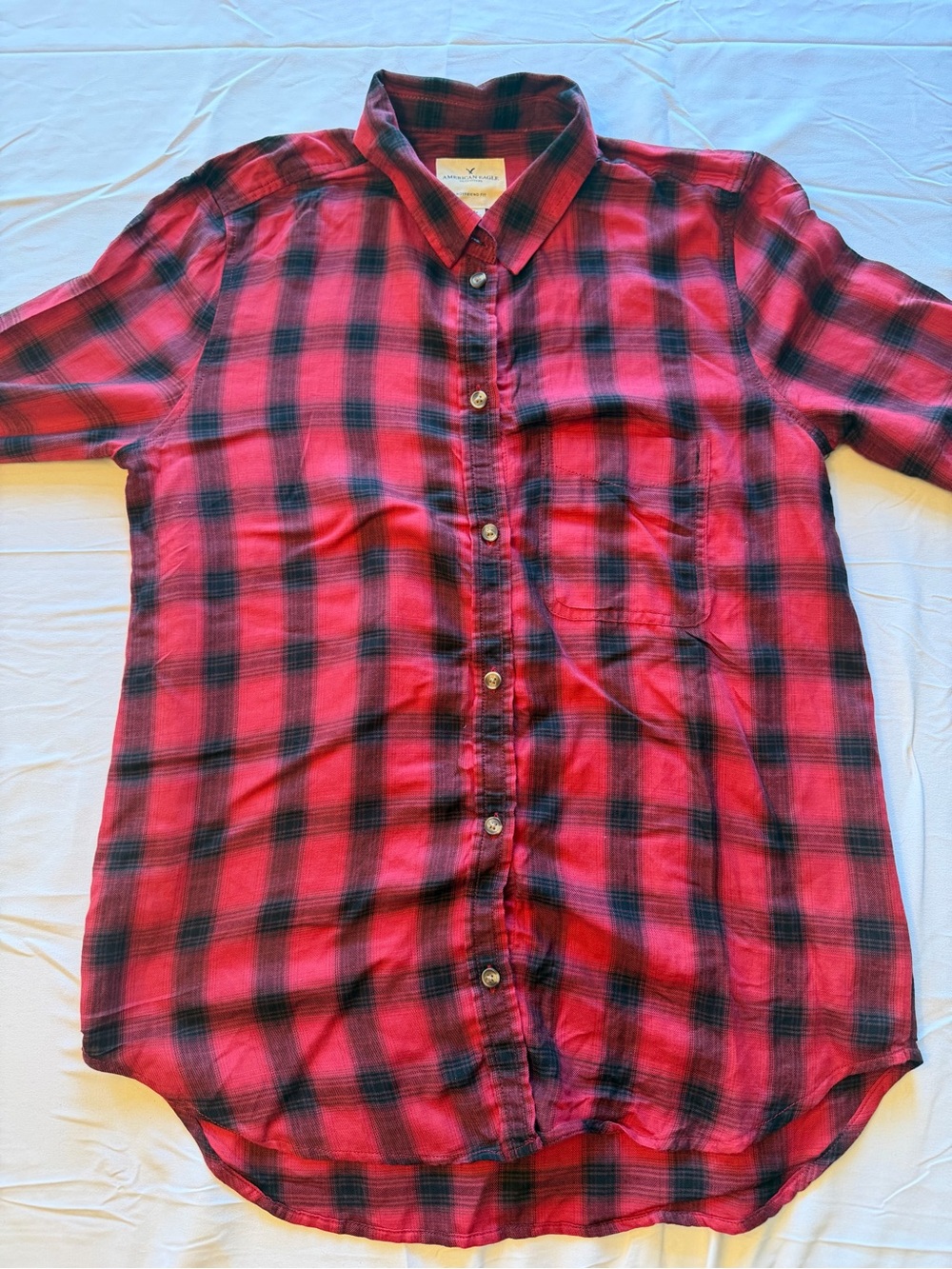 American Eagle Outfitters Red and Black Plaid Button-Down Shirt